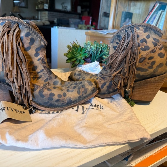 Liberty Black Leopard Print Fringe Ankle Boots - Picture 6 of 7